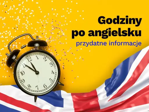Budzik pokazuje 11:55. 5pm jaka to godzina? Dowiedz się, jak mówić o czasie po angielsku. Flaga Wielkiej Brytanii i gwiazdki.