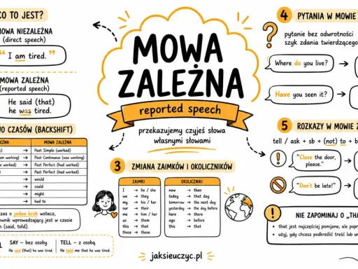 Ilustracja wyjaśnia mowę zależną (reported speech) z przykładami, zmianami czasów, zaimków i okoliczników.
