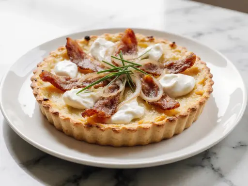 Flamenkuche maison : pâte croustillante garnie de lardons, oignons caramélisés, crème fraîche et ciboulette. Une recette simple et savoureuse.
