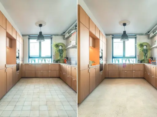 Cucina con pavimento in piastrelle trasformata in un nuovo pavimento moderno, un modo intelligente per cambiare pavimento senza tagliare porte.
