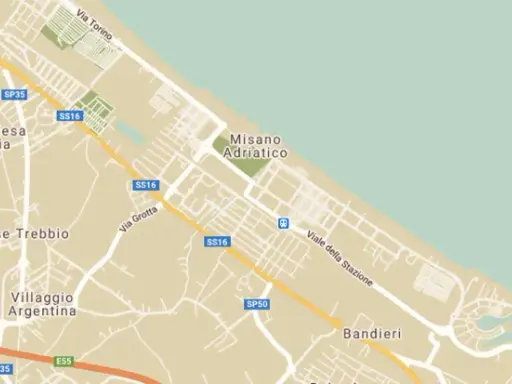 Mappa stradale che mostra la costa adriatica vicino a Misano Adriatico, con strade, autostrade (E55) e località come Case Chiesa Vecchia.