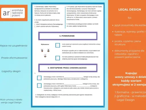 Wzór umowy o dzieło w wersji Legal Design: przejrzyste zasady, miejsce na uzupełnienia i łagodny design.