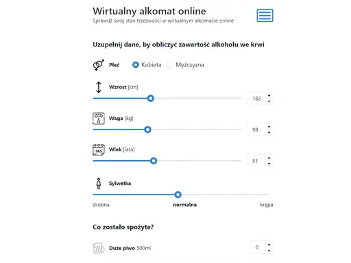 Wirtualny alkomat online do obliczania zawartości alkoholu we krwi. Uzupełnij dane: płeć, wzrost, wagę, wiek i sylwetkę, by sprawdzić swój stan trzeźwości. Wynik podawany jest w mg/l na promile.