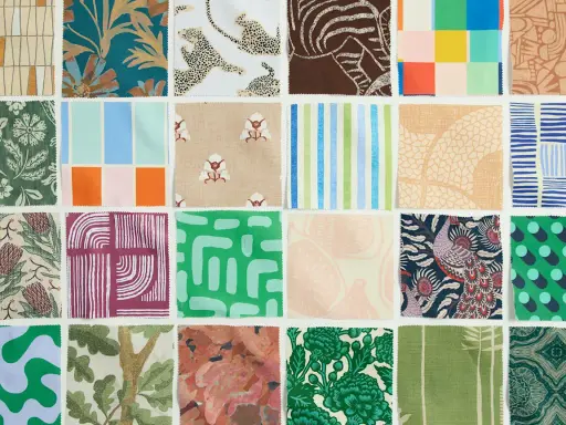 A grid of fabric swatches showcasing diverse fabric patterns: animals, geometric shapes, floral designs, and abstract art.