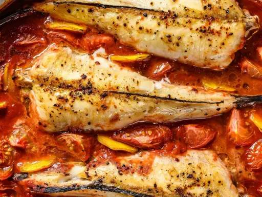 Colas de rape al horno, tiernas y jugosas, nadando en una salsa de tomate y limón. Un plato delicioso y fácil de preparar.