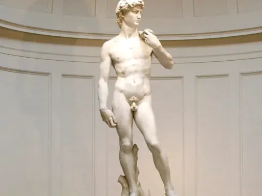 Le David de Michel-Ange, statue de marbre blanc, représente un jeune homme musclé, prêt à affronter Goliath.