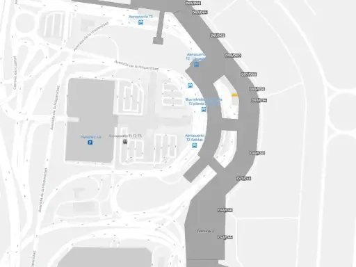 Szczegółowa mapa lotniska Madryt z zaznaczonymi terminalami, parkingiem P2 i drogami. To jest mapa metra Madryt.