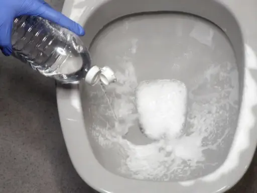 Guante azul vierte líquido de una botella en el inodoro. Solución para saber qué hacer si se atasca el vater.