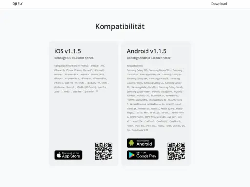 Kompatibilitätsliste für die DJI FLY App: iOS ab 10.0, Android ab 6.0. Hier finden Sie Geräte, um die DJI FLY App zu installieren.