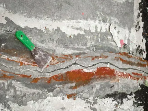 Espátula verde sobre pared agrietada con restos de pintura, como si se estuviera retirando el grout.