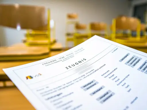 Zeugnis einer Grundschule in NRW mit Noten für Fächer wie Mathematik und Biologie.