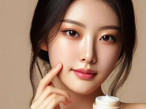 Rostro de mujer con un toque de maquillaje coreano en los ojos, piel radiante y un tarro de crema.