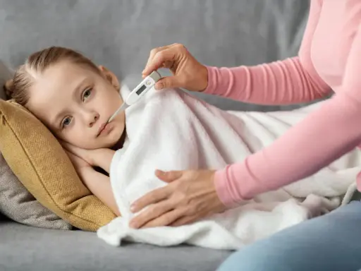 Dziecko leży pod kocem, mama mierzy mu temperaturę. Wysoka gorączka u dziecka bez innych objawów martwi.
