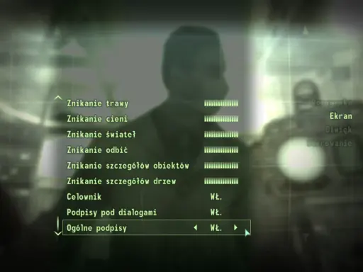 Menu ustawień gry Fallout 3 GOTY. Widać opcje graficzne, dźwiękowe i sterowania, a także możliwość włączenia polskich napisów.