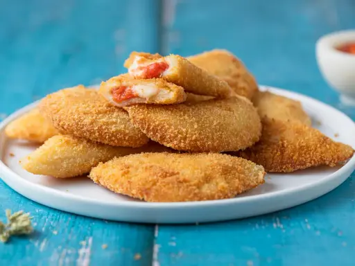 Sofficini fatti in casa dorati e croccanti, ripieni di pomodoro e formaggio filante, pronti per essere gustati.