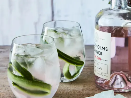 Två glas med rabarber gin & tonic, is och gurka. Bredvid står en flaska rosa gin.