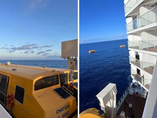 Vista da una nave da crociera: da un lato una scialuppa gialla, dall'altro il mare con altre scialuppe e balconi. Meglio cabina poppa o prua?