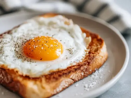 Idealne śniadanie z airfryer: jajko sadzone na chrupiącym toście, posypane pieprzem i solą. Szybko i pysznie!