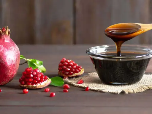 Granaty i gęsty, ciemny sos z granatów w miseczce i na drewnianej łyżce.