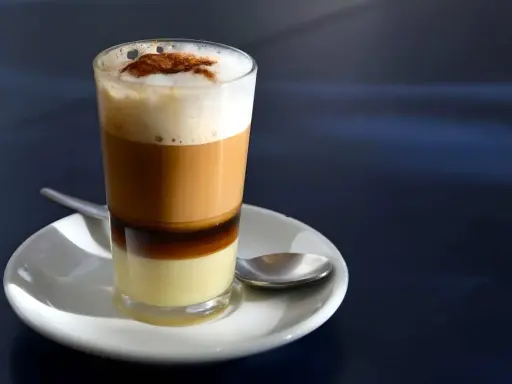 Ein geschichteter Kaffee con leche in einem Glas, mit einer Löffel auf einer Untertasse.