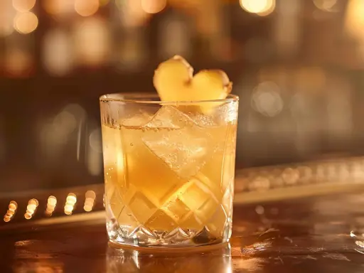 Ett glas med is och en gyllene ginger ale, garnerad med en ingefärskärna.
