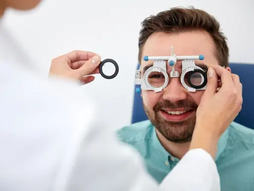 Mężczyzna uśmiecha się podczas badania wzroku w domu. Optometrysta wymienia soczewki w oprawce próbnej.