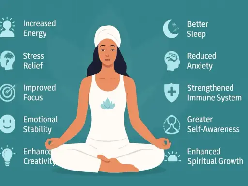 Kobieta w pozycji lotosu praktykuje jogę kundalini, osiągając spokój, lepszy sen i wzrost duchowy.
