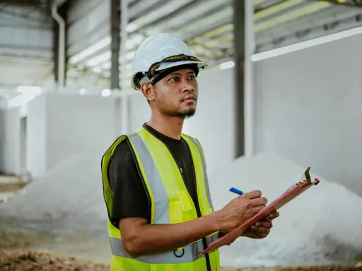 Un ingeniero de estructuras con casco y chaleco reflectante anota datos en una libreta, supervisando la construcción.