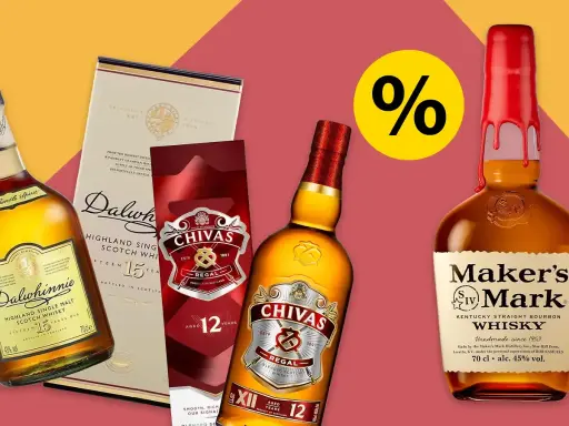 Flaschen Dalwhinnie und Chivas Regal, die zeigen, was bedeutet Single Malt Whisky. Prozent-Symbol für Angebot.
