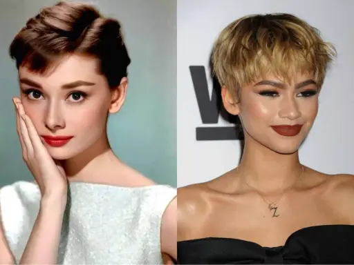 Audrey Hepburn y Zendaya, dos íconos de estilo, comparadas con un pixie cut largo y peinados clásicos.