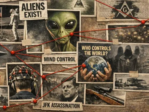 Plakaty z filmów o teoriach spiskowych: kosmici, Area 51, kontrola umysłu, JFK, masoni i tajemnicze postacie.