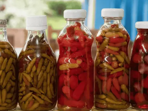 Bouteilles de piments verts et rouges marinés, prêts pour une recette de pickles maison.