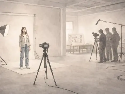 Sesja zdjęciowa z modelką i ekipą filmową. Dowiedz się, jak zarabiać na fotografii, tworząc profesjonalne materiały.
