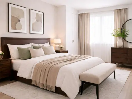 Dormitorio con muebles oscuros. Las paredes, pintadas en un tono crema suave, complementan la calidez de la madera.