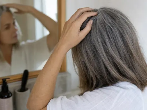 Donna con capelli grigi si tocca la testa, preoccupata che non pettinare i capelli li fa cadere.