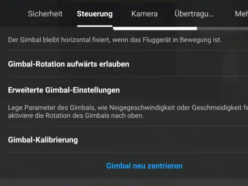 Einstellungen der dji gimbal app: Gimbal-Rotation, erweiterte Einstellungen und Kalibrierung.