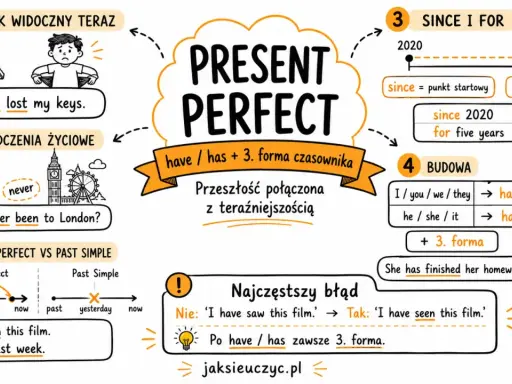Mind map o Present Perfect i Past Simple. Pokazuje różnice, budowę i przykłady użycia, np. "I have lost my keys" vs "I saw it last week".