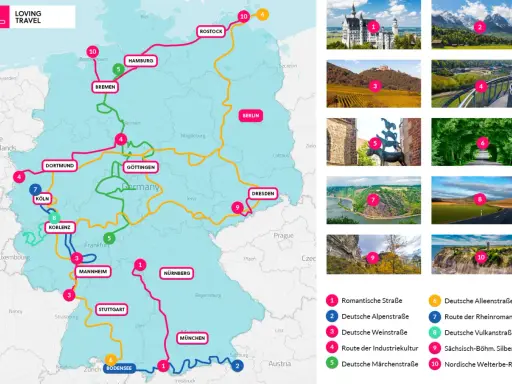 Eine Karte Deutschlands mit verschiedenen Routen, darunter die "Madrid Route" (nicht explizit auf der Karte, aber als Teil einer Reisevorstellung).