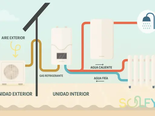 Diagrama de una bomba de calor para radiadores alta temperatura: unidad exterior capta aire, unidad interior calienta agua para radiador y ducha.