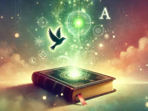 Magiczna księga otwiera się w noc i ciemność, uwalniając ptaka i świetliste symbole.