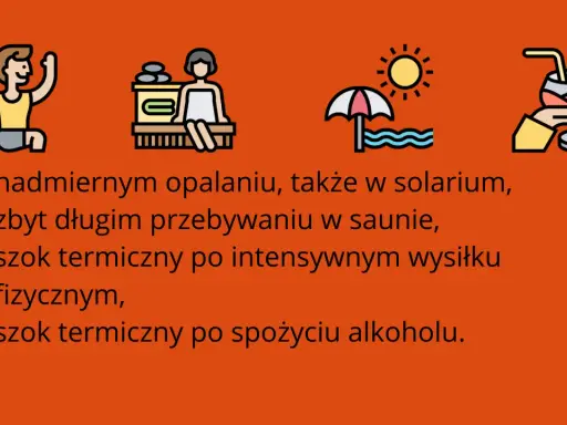 Ikony ilustrują przyczyny szoku termicznego: opalanie, sauna, wysiłek fizyczny, alkohol.
