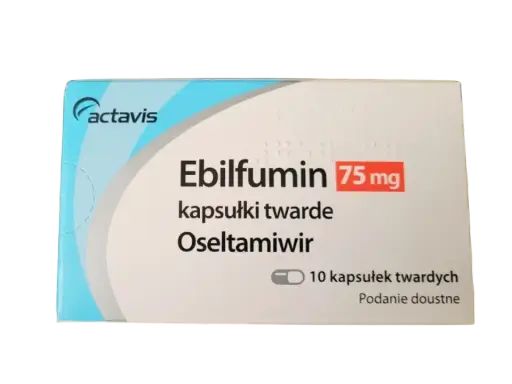 Opakowanie leku Ebilfumin 75 mg, zawierającego oseltamiwir dla dzieci. 10 kapsułek twardych.