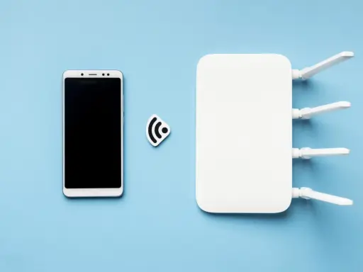 Biały router wifi z antenkami i smartfonem obok. Ikona sygnału wifi symbolizuje połączenie.