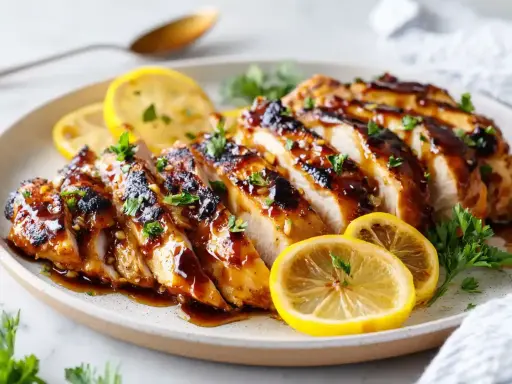 Skivad kycklingfilé med glansig marinad, garnerad med citronskivor och persilja. Perfekt för en god marinad till kycklingfile.