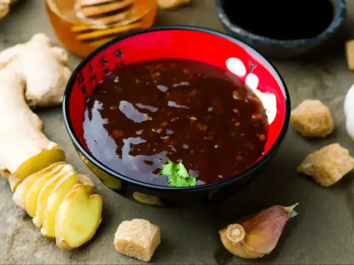 Sos teriyaki przepis: miseczka pełna aromatycznego sosu, obok świeży imbir, czosnek i brązowy cukier. Idealny do dań azjatyckich.
