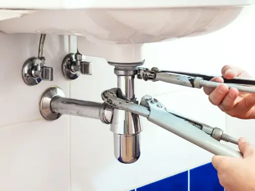 Mains de plombier resserrant un siphon qui fuit sous un lavabo blanc.
