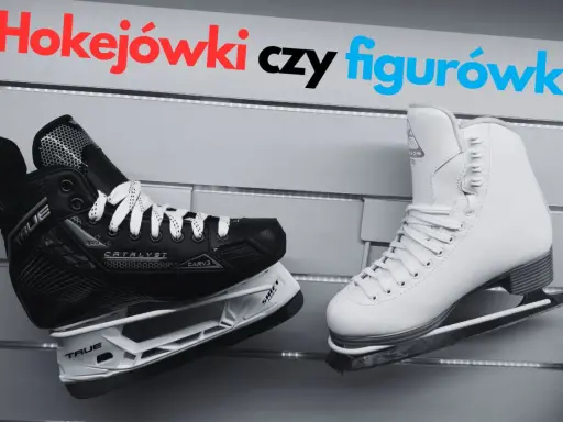 Hokejówki czy figurówki? Czarny but hokejowy i biały but łyżwiarski obok siebie.
