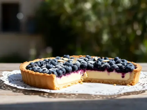 Une délicieuse tarte myrtille amande, garnie de myrtilles fraîches et d'amandes effilées, sur une table en bois ensoleillée.
