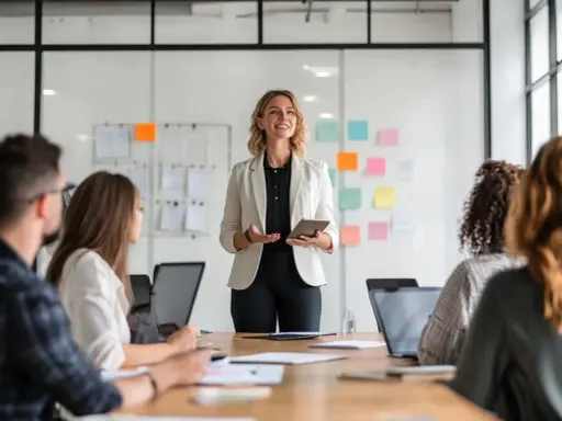 Mujer liderando reunión, explicando ideas para la gestión de equipos.