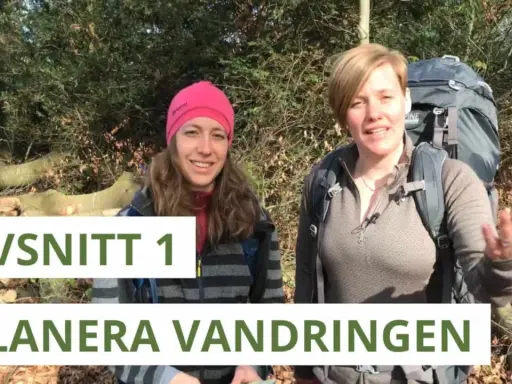 Två kvinnor med ryggsäckar förbereder sig för en weekend vandring i Sverige. Texten "Planera vandringen" syns.